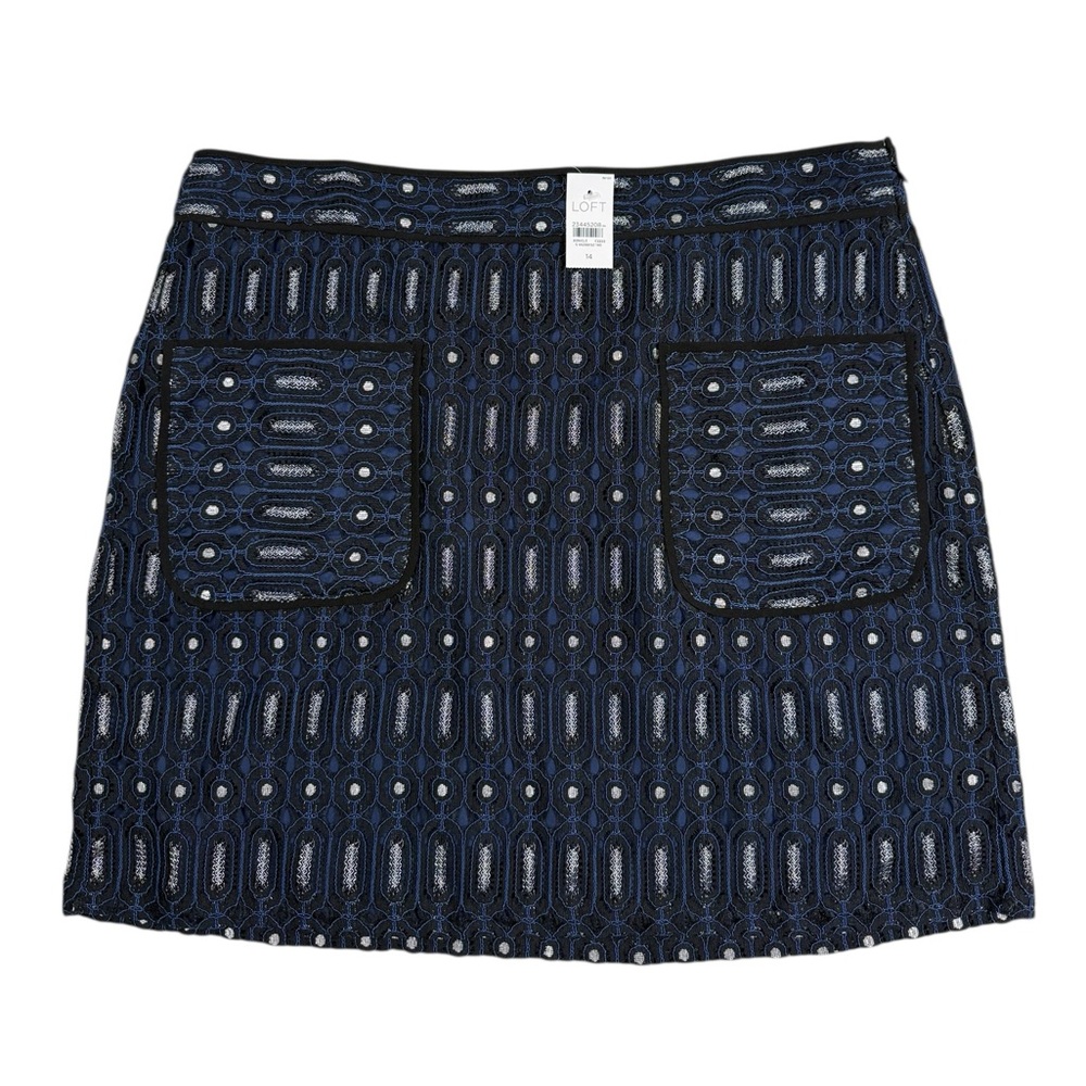 LOFT Ann Taylor Skirt Sz 14 Circuit Lace Pockets Blue Lined Stretch Mini NWT
